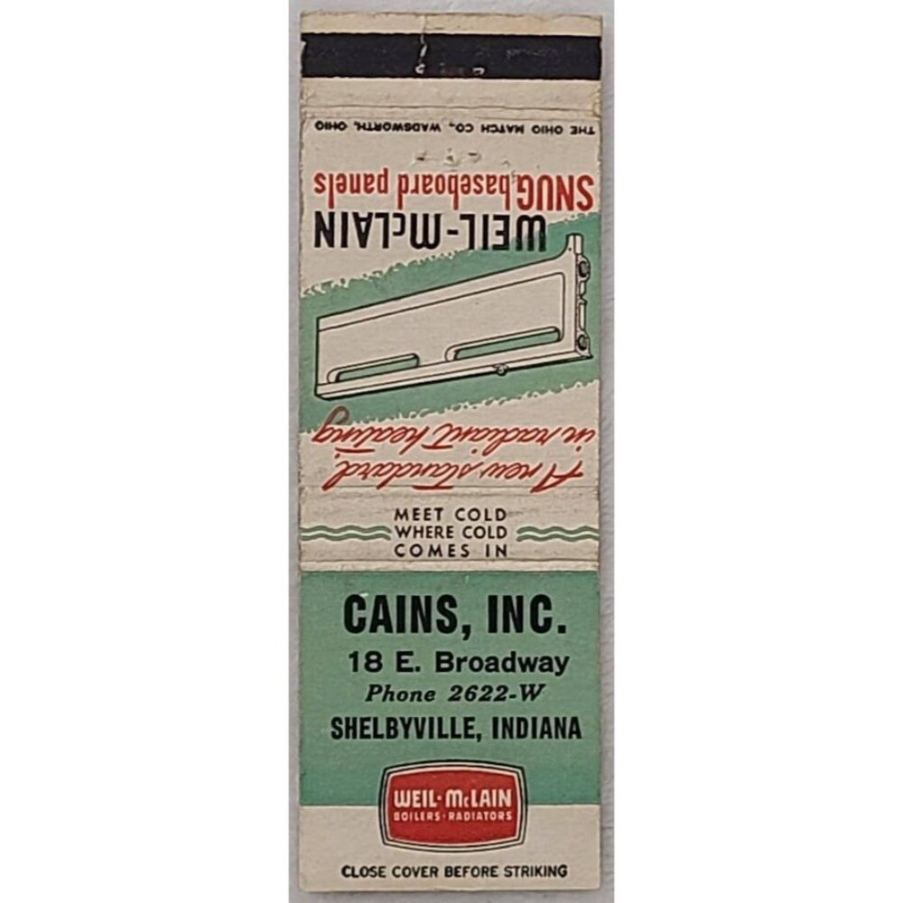 Matchbook Cover Cains Inc Shelbyville IN Indiana Weil-McLain Radiators Boilers